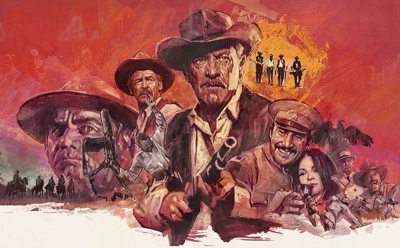 Vivid western painting with gunfighters, cowboys, and a smiling soldier, set against a red-orange sky and desert horizon.